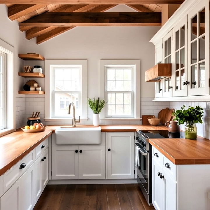 white kitchen cabinets with a butcher block countertop