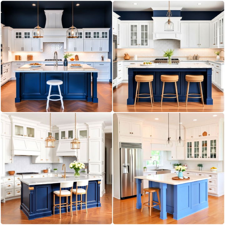 white kitchen cabinets with blue island