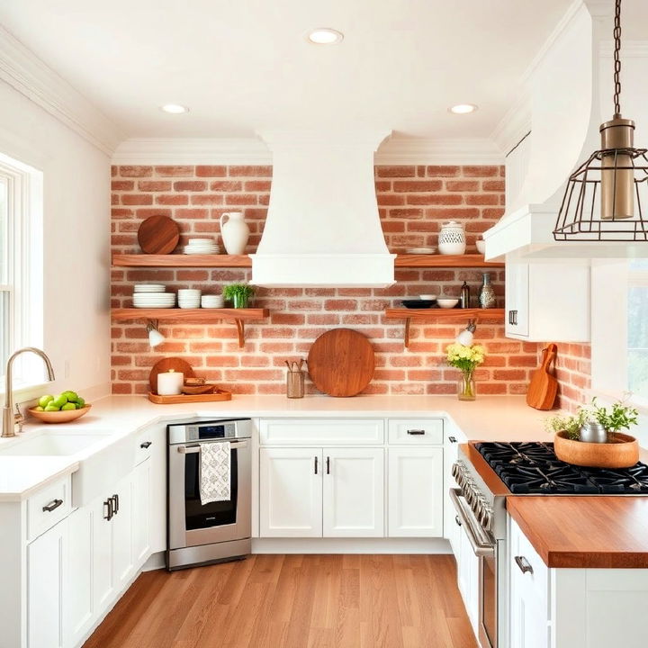 white kitchen cabinets with rustic open brick shelving