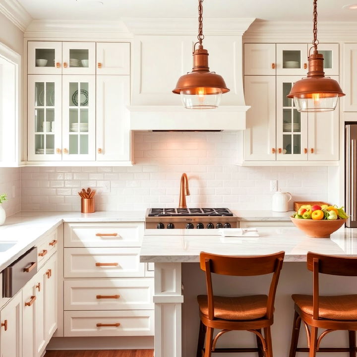 white kitchen cabinets with striking copper accents