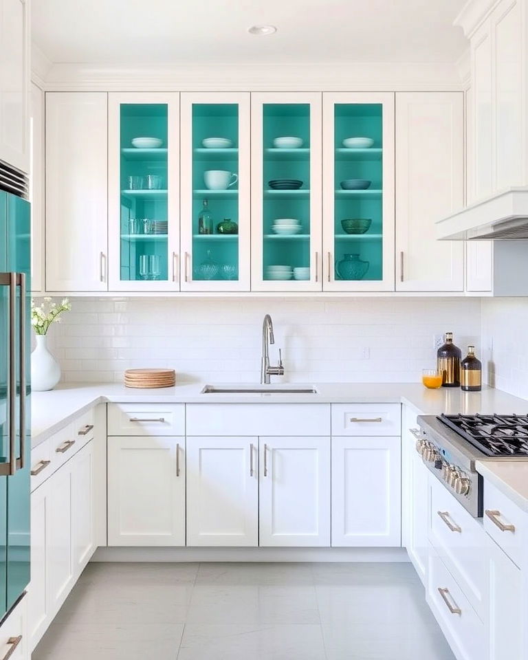 white kitchen cabinets with teal glass cabinet doors