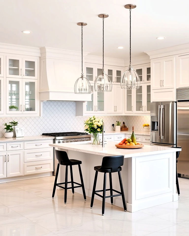 white kitchen island with stainless steel appliances