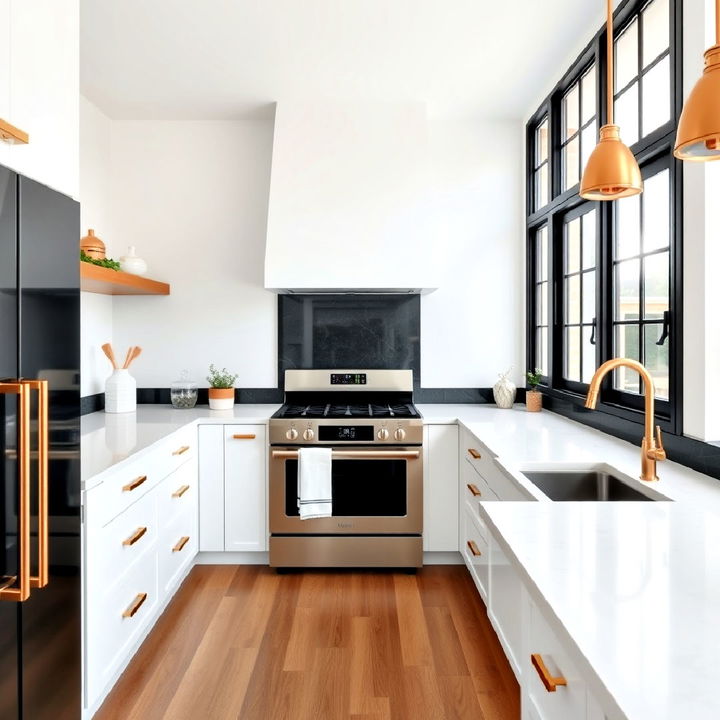 white kitchen with industrial black window frames and gold accents