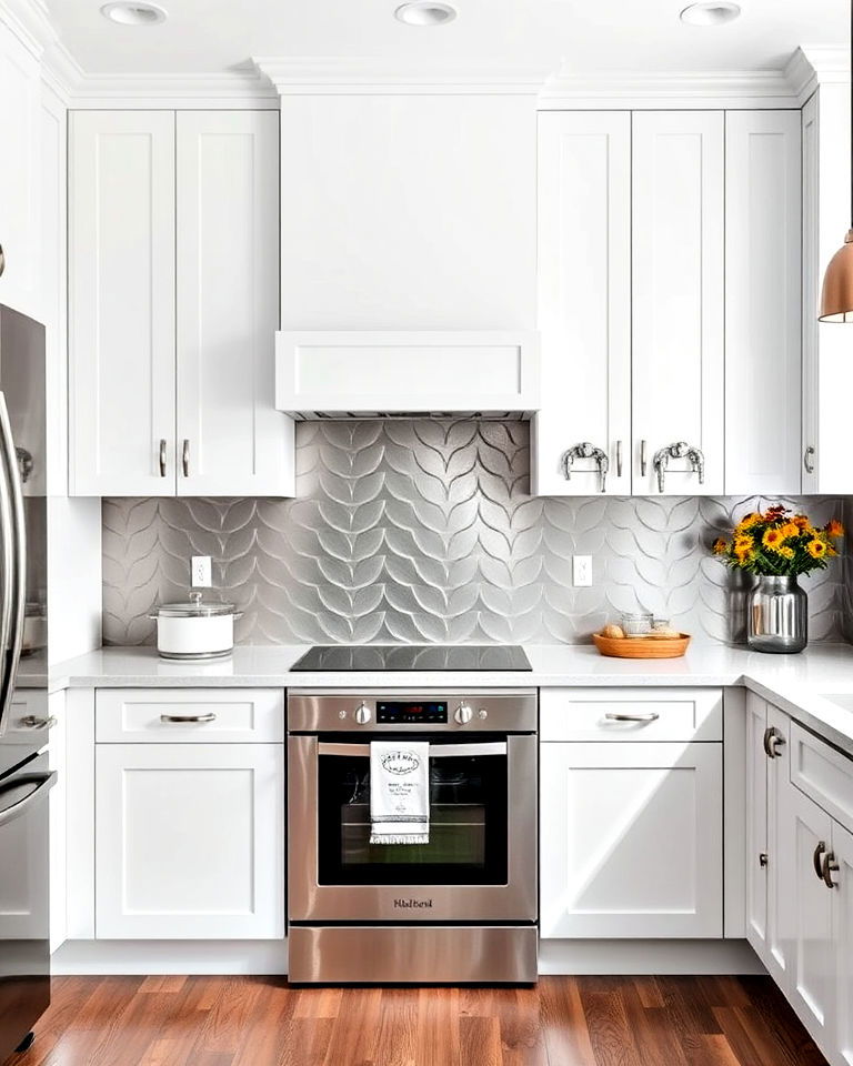 white kitchen with stainless steel backsplash