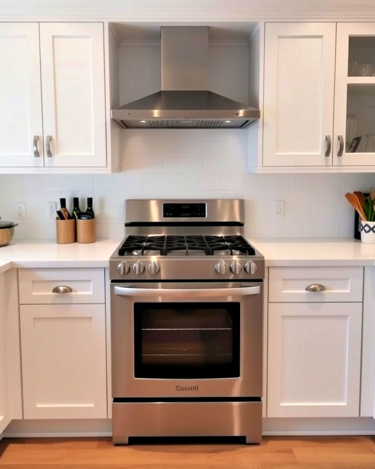 white kitchen with stainless steel oven and range