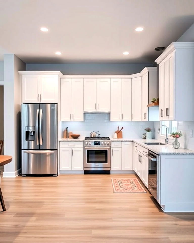 white kitchen with stainless steel refrigerator and open concept