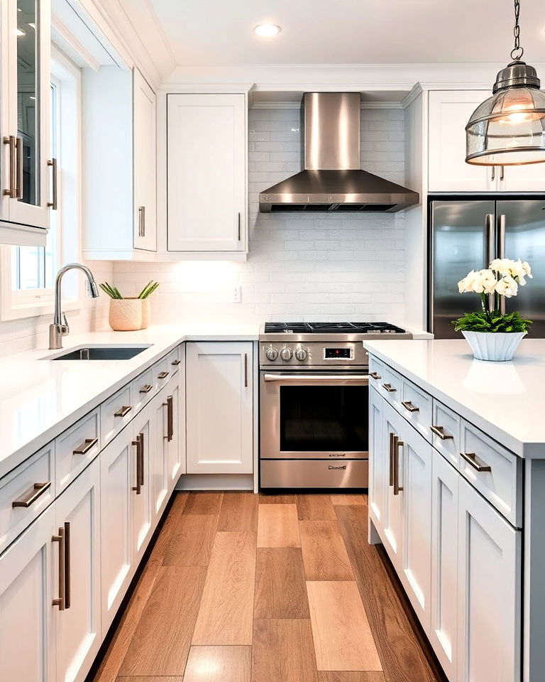 white quartz countertops with stainless steel hardware