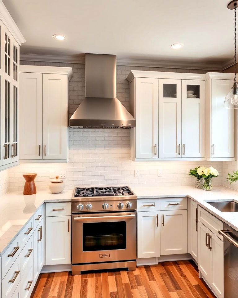 white shaker cabinets and stainless steel range hood