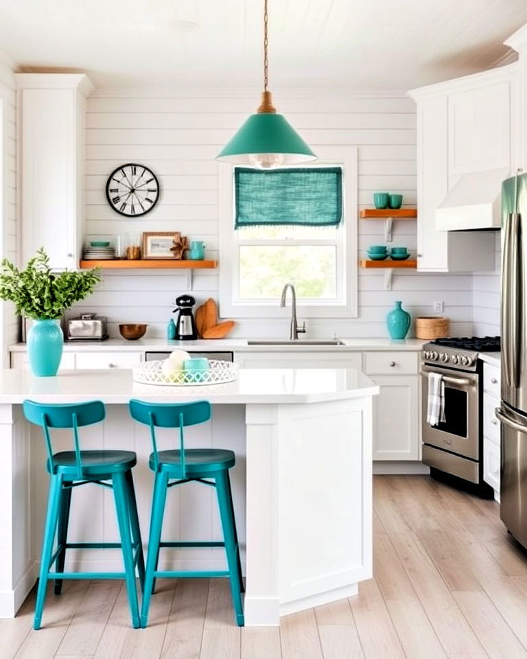 white shiplap walls with teal kitchen accents