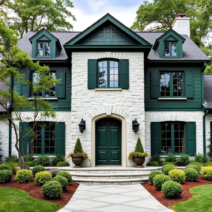 white stone facade into a dark green exterior home