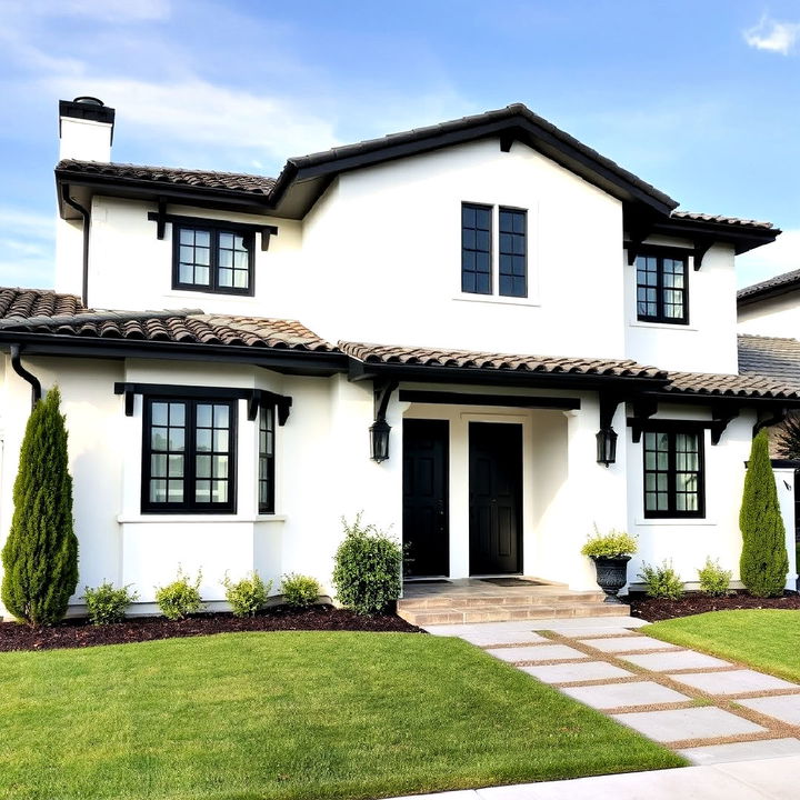 white stucco house with black details