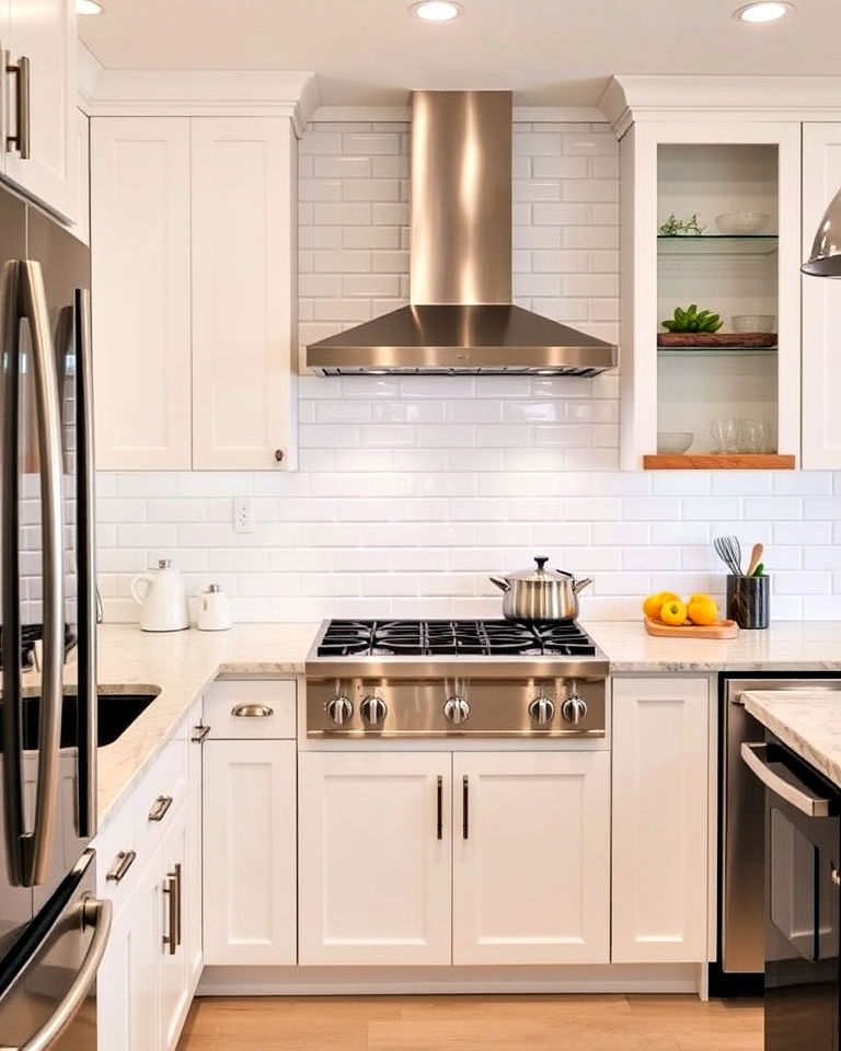 white subway tile backsplash with stainless accents