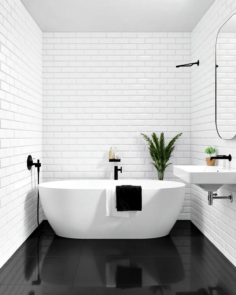 white subway tiles with black bathroom flooring