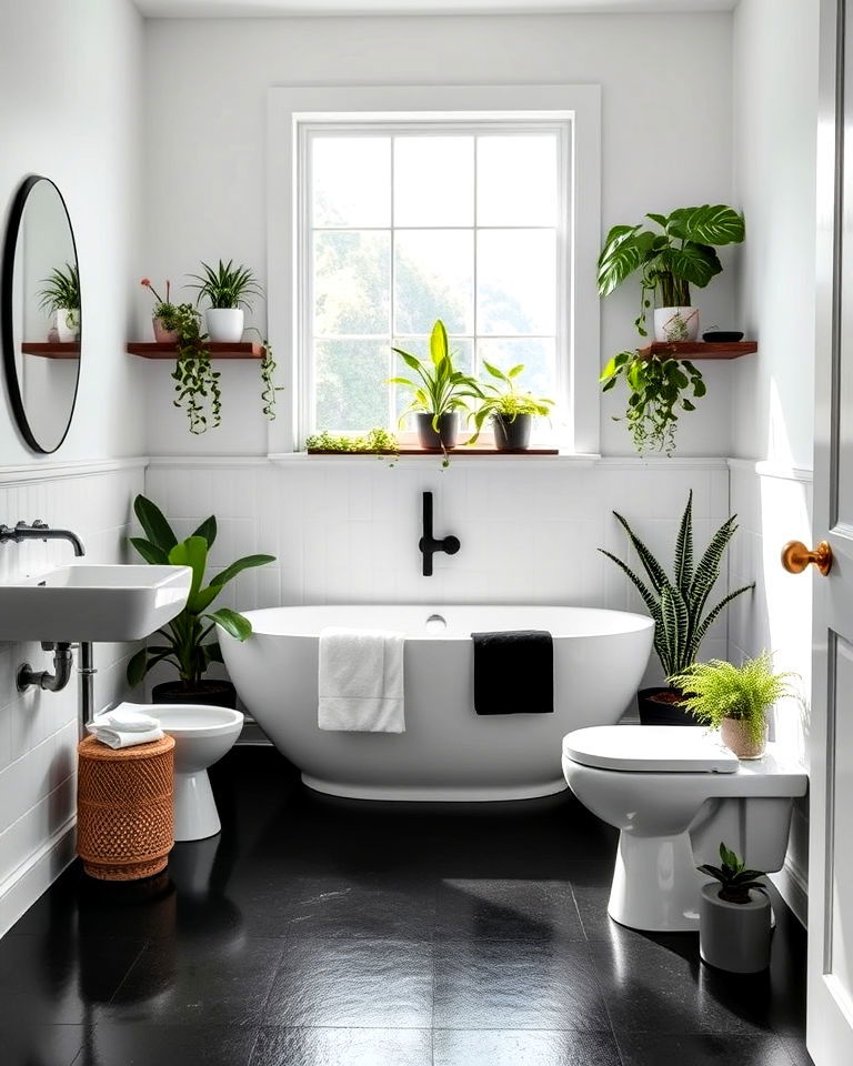 white wall bathroom with black floor and greenery