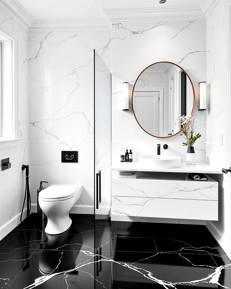 white wall bathroom with black floor and marble accents