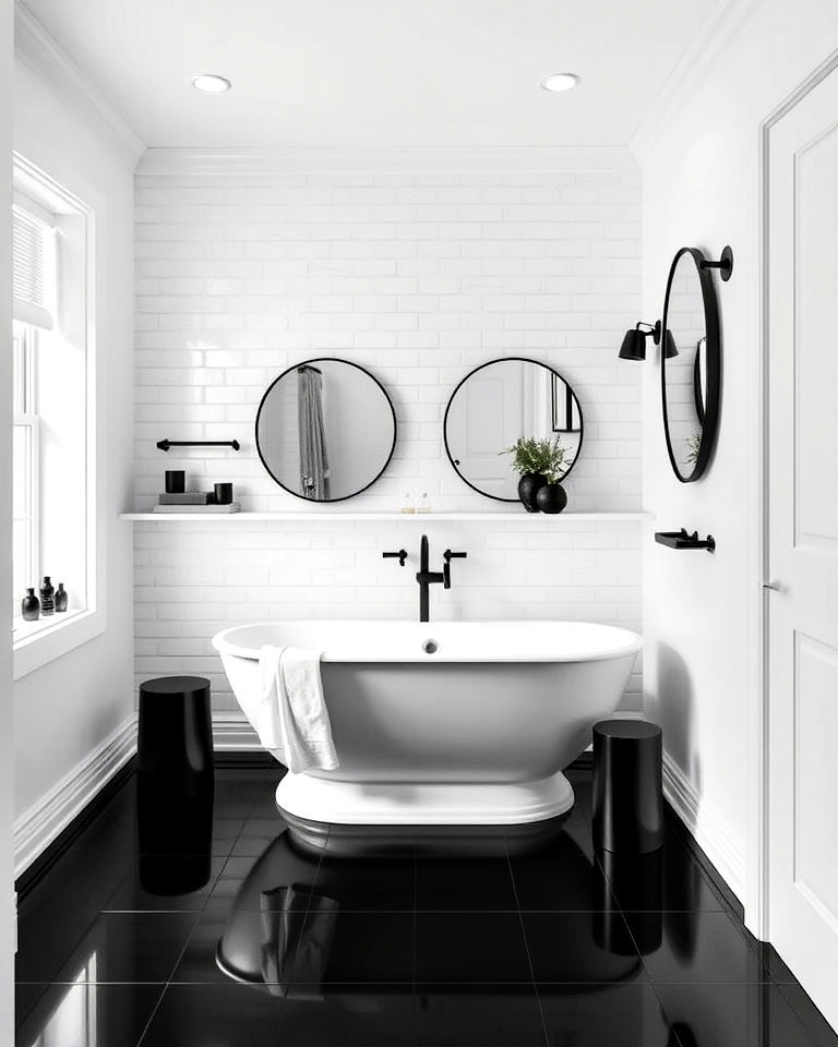 white walls bathroom with black fixtures and floor