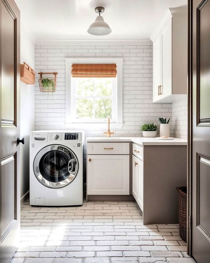 whitewashed brick flooring for laundry room