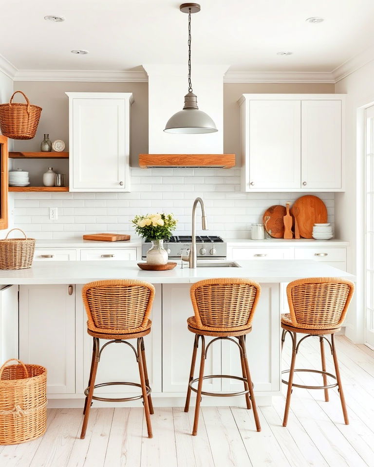 wicker and wood accents for white kitchen