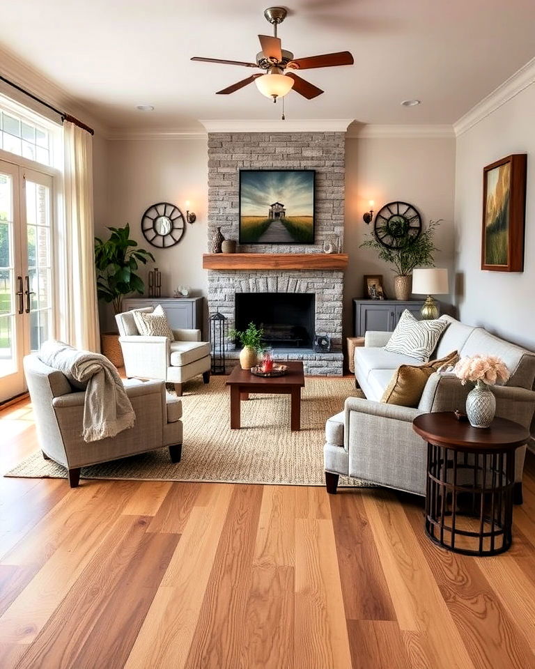 wide plank pine living room flooring