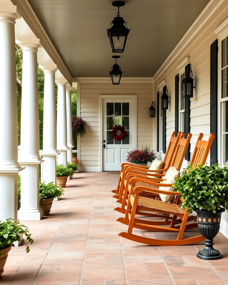 wide porch with wooden rocking chairs