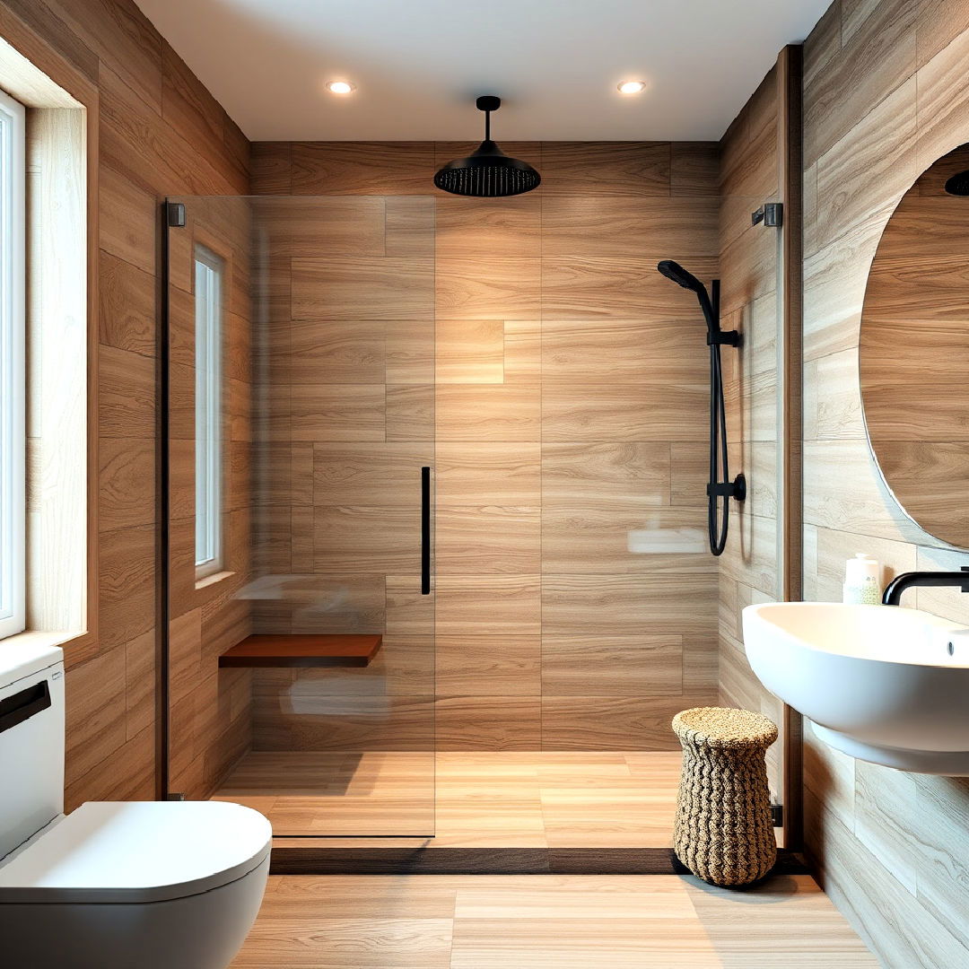 wood look tiles for a warm aesthetic shower