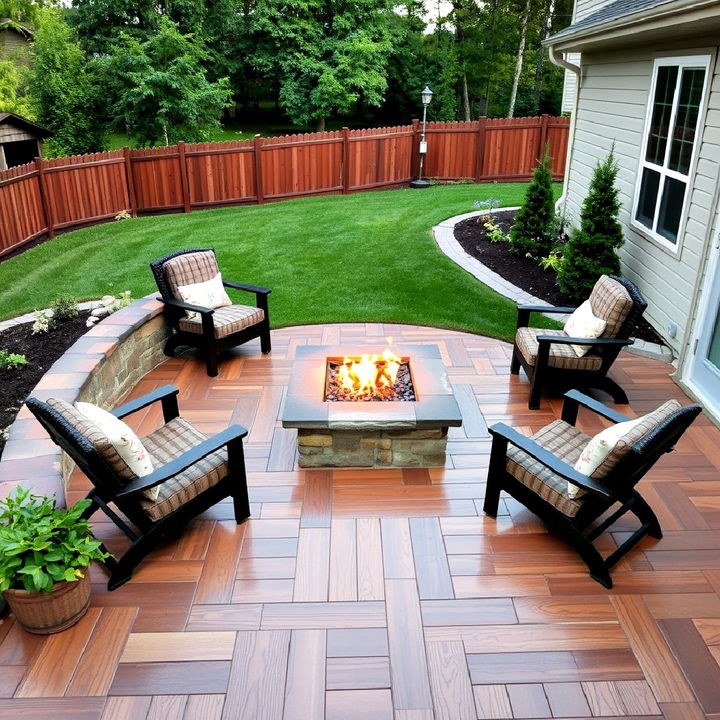 wood plank stamped concrete with integrated fire pit