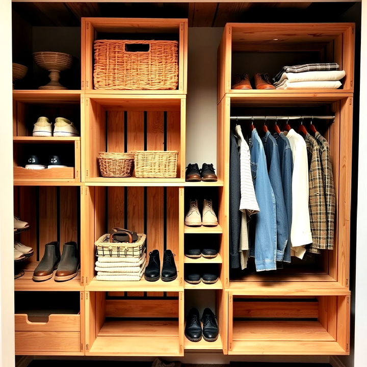 wooden crates as open shelves