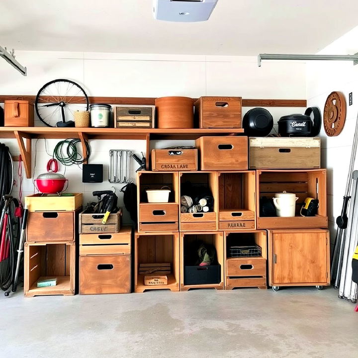 wooden crates for rustic garage storage