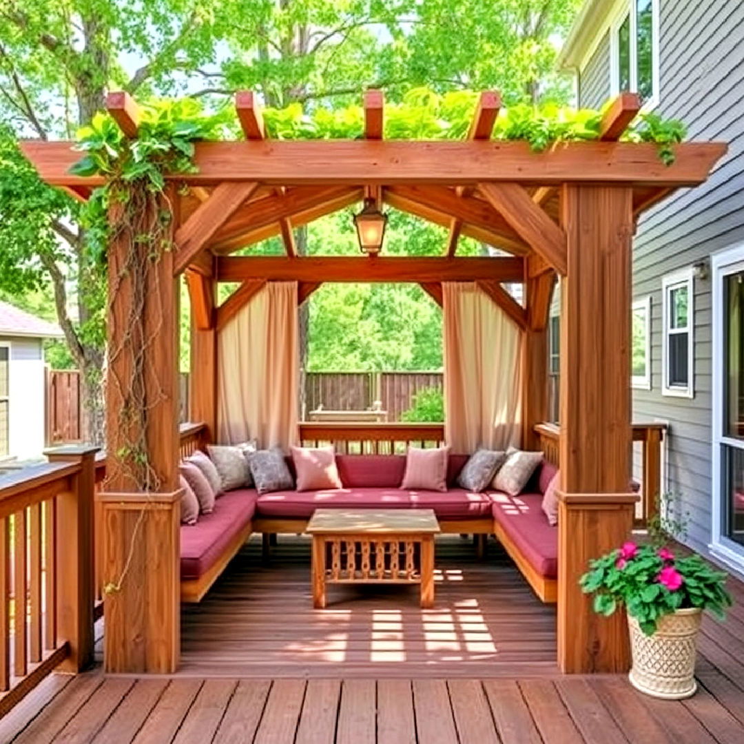 wooden deck arbor with built in seating