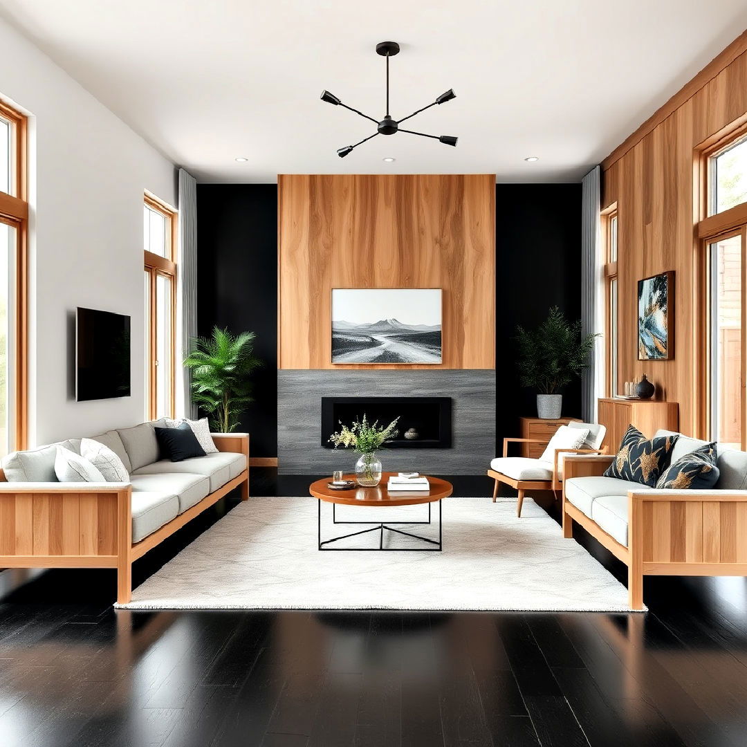 wooden furniture living room with black floor