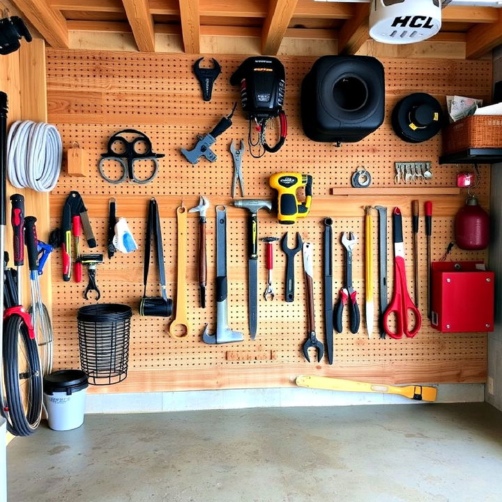 wooden pegboard for garage storage and display