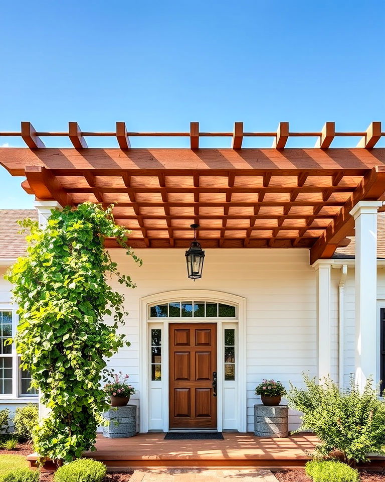 wooden pergola over the front porch