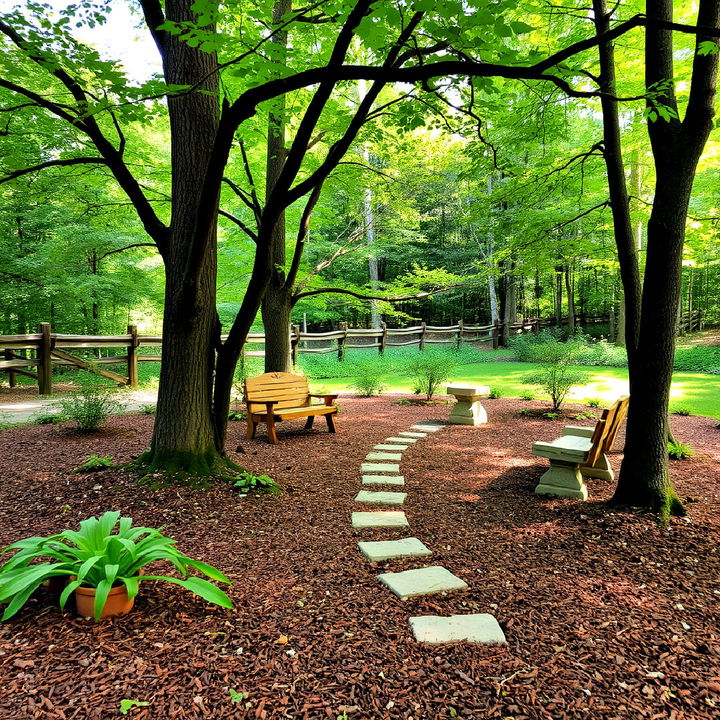 woodland themed patio with mulch pathway