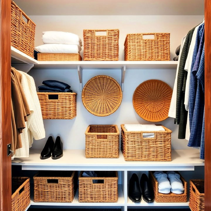 woven storage bins for rustic closet