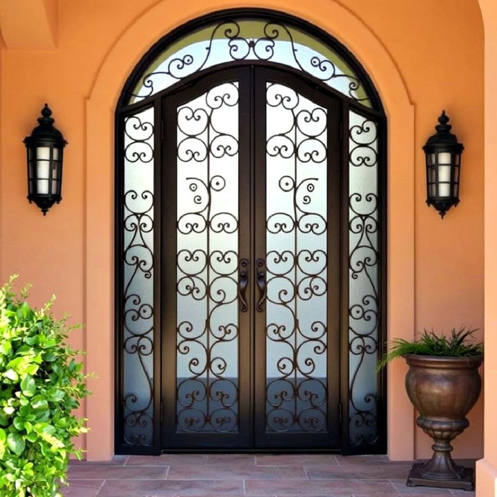 wrought iron door with glass panels for spanish entryways