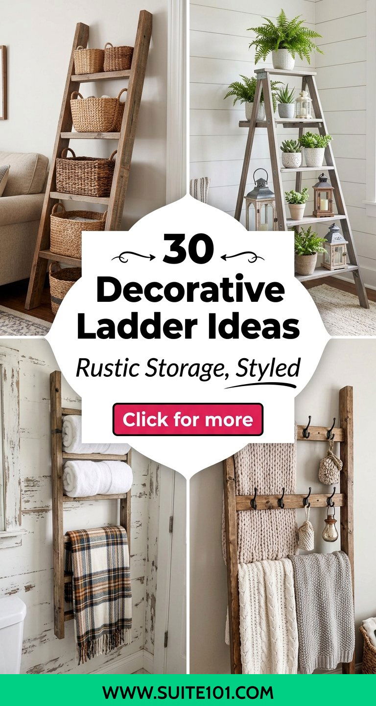30 Decorative Ladder Ideas for Farmhouse Storage and Display - 30 Decorative Ladder Ideas for Farmhouse Storage and Display