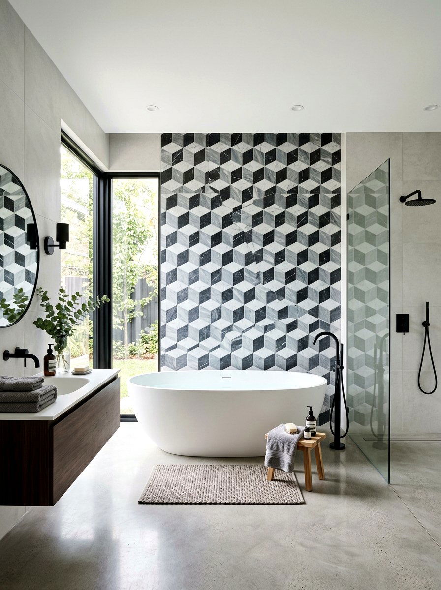 3D Cube Geometric Marble Wall - 30 marble mosaic bathroom ideas