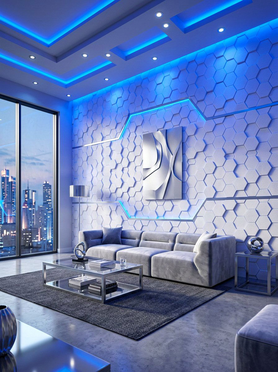3D Geometric Wall Panels - 30 futuristic glam living room ideas