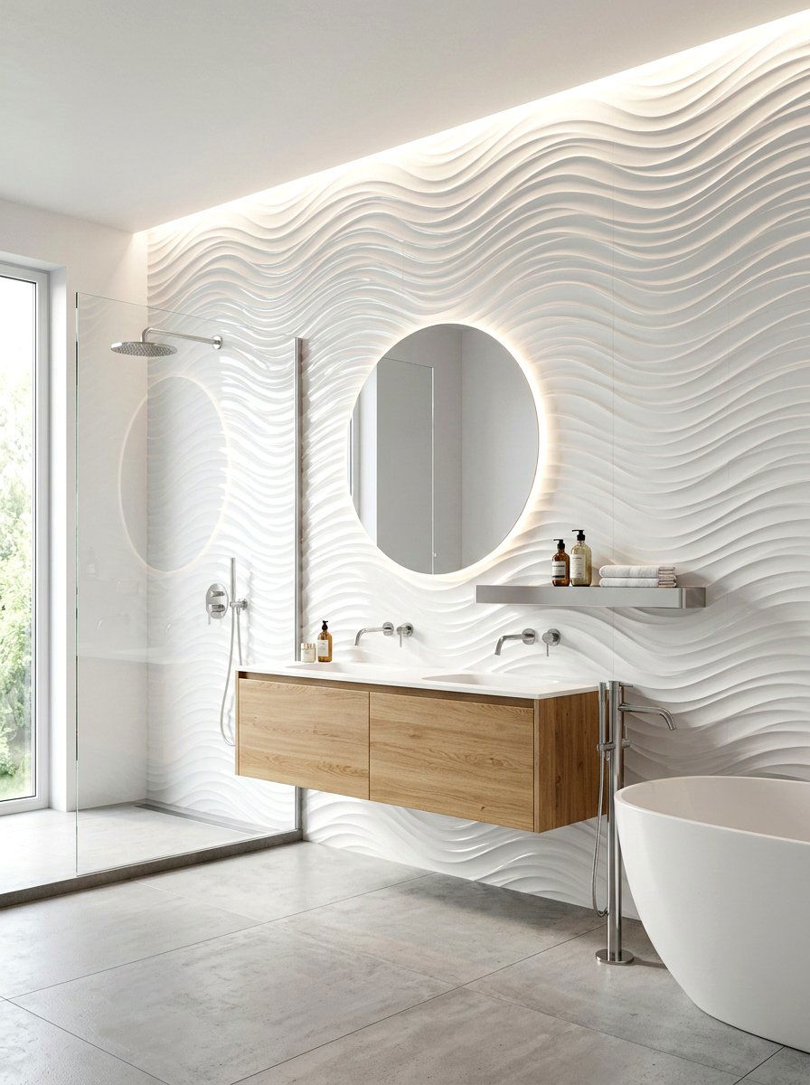 3D wave pattern wall tile - 30 removable tile bathroom ideas