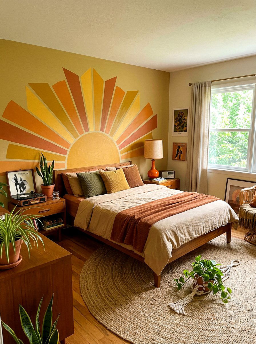 70s Sun Mural Bedroom - 30 girl teen room vintage ideas
