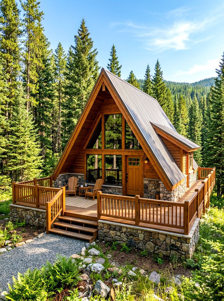 A Frame Cabin With Wood Deck And Stone Base - 30 stone and wood exterior ideas