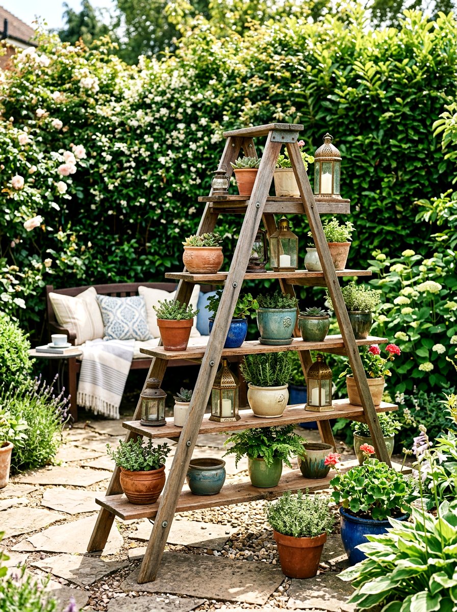 A Frame Ladder Shelf - 30 repurposed ladder garden ideas