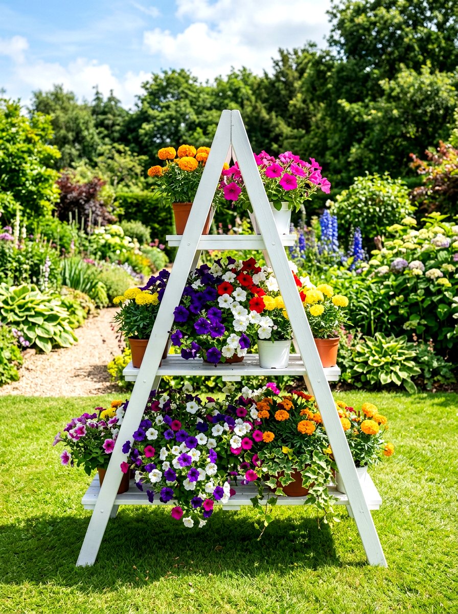 A Frame Tiered Flower Stand - 30 ladder planter ideas