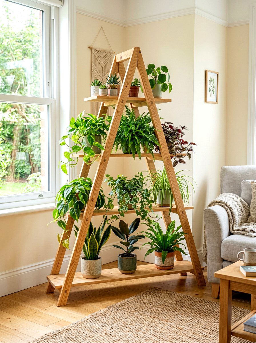 A Frame Wooden Plant Stand - 30 vertical garden shelf ideas