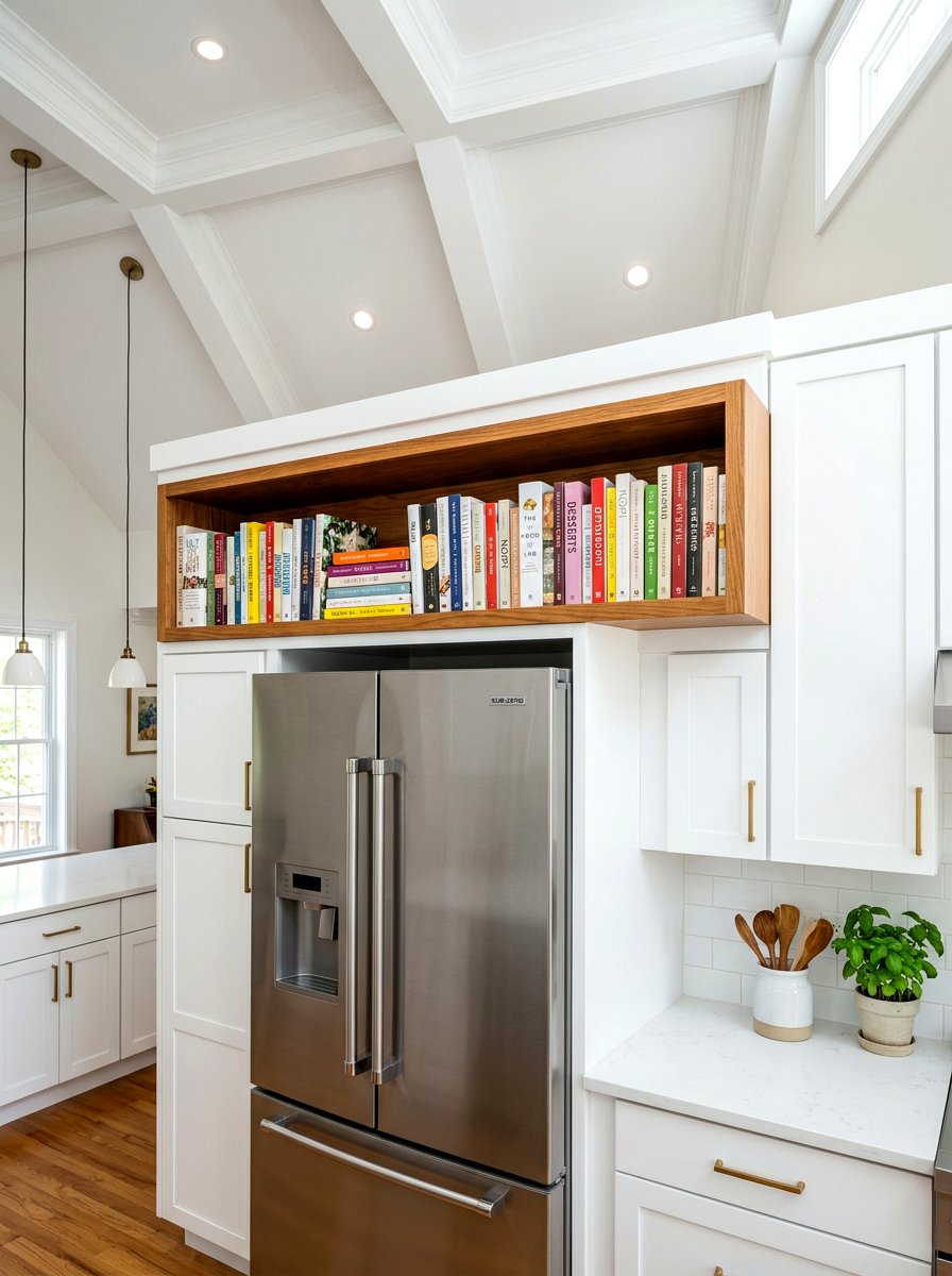 Above Refrigerator Storage - 30 cookbook display kitchen ideas