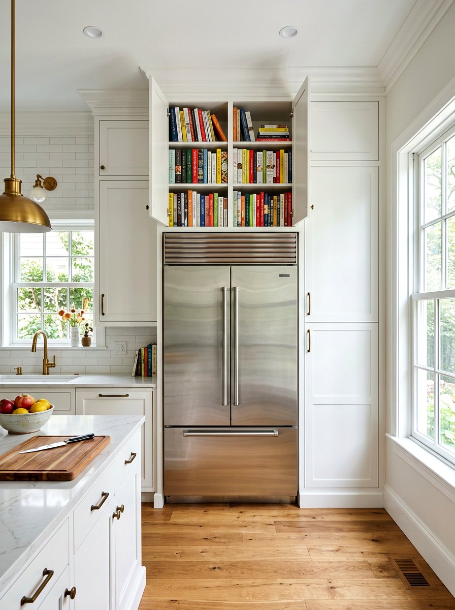 Above Refrigerator Storage - 30 physical cookbook kitchen ideas