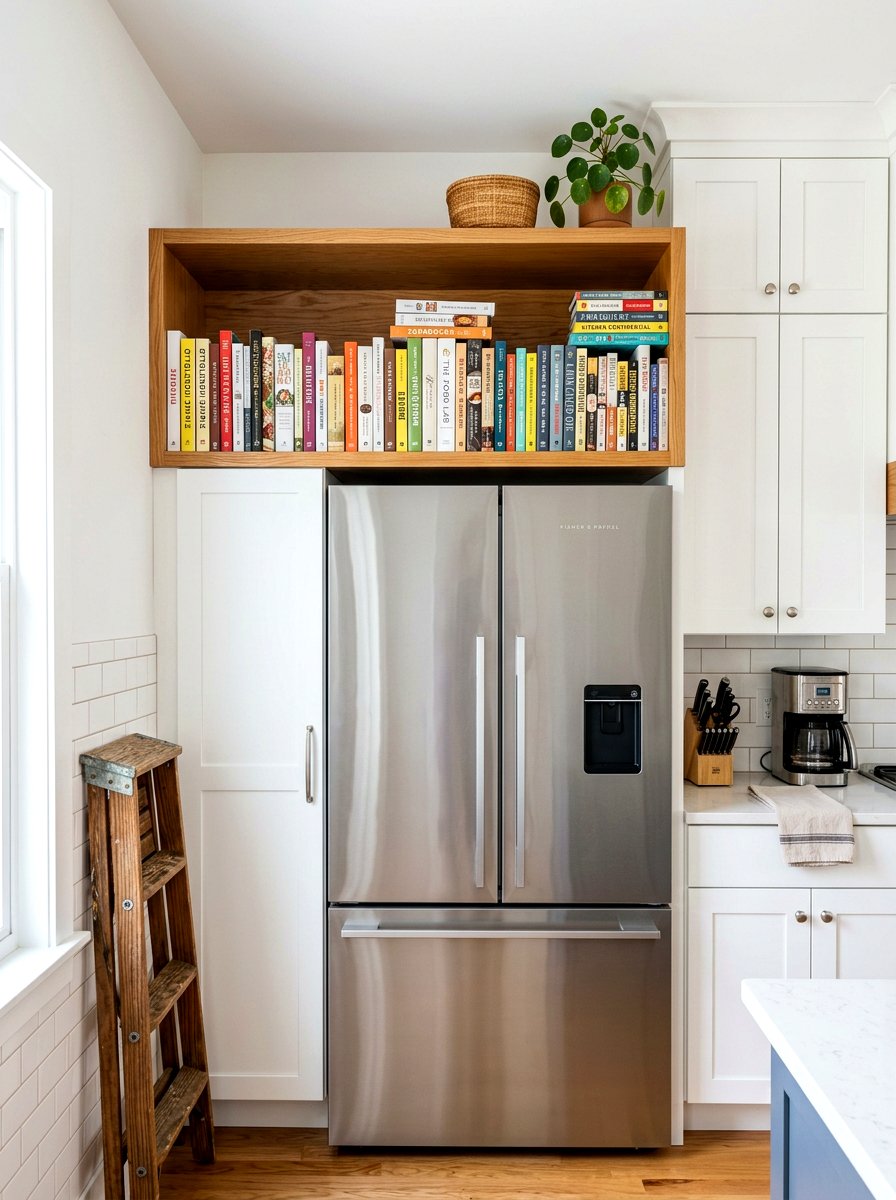 Above refrigerator storage - 30 cookbook shelf kitchen ideas