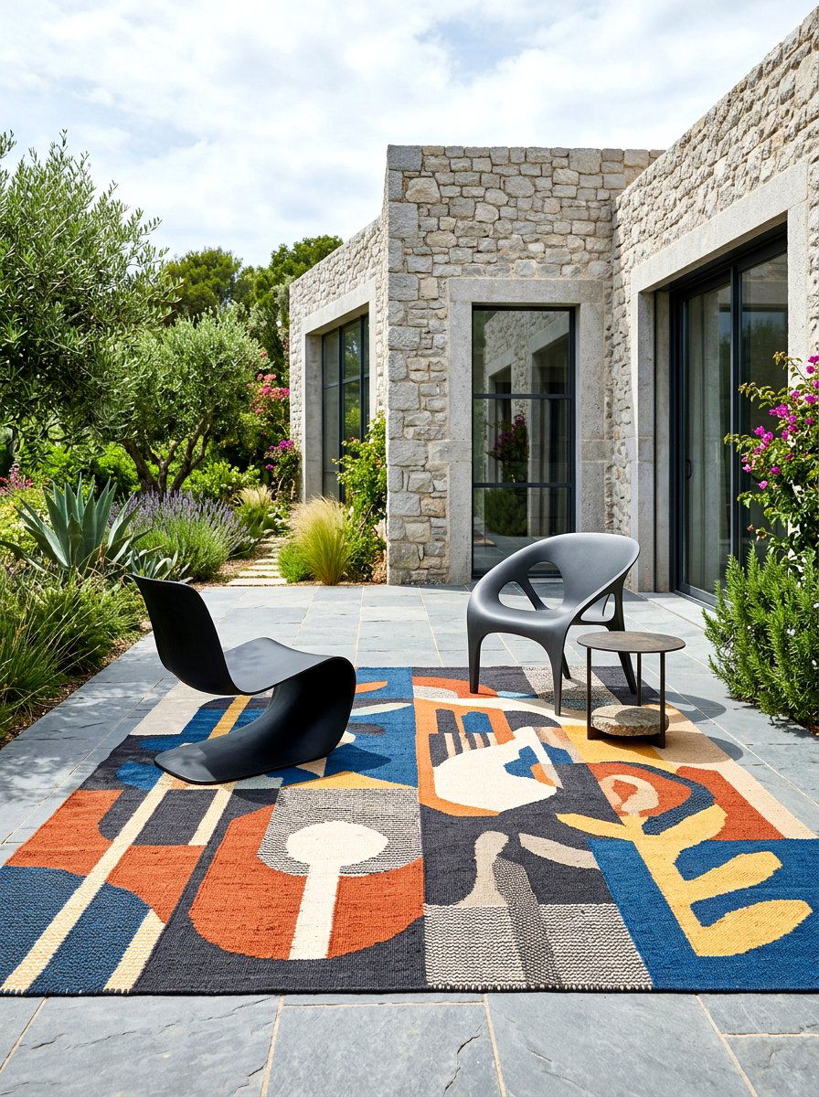 Abstract Art Rug Over Plain Slate Base - 30 layered outdoor rug ideas