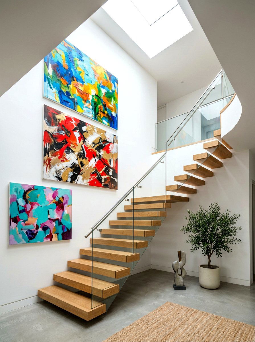 Abstract Art Staircase - 30 stair gallery wall ideas