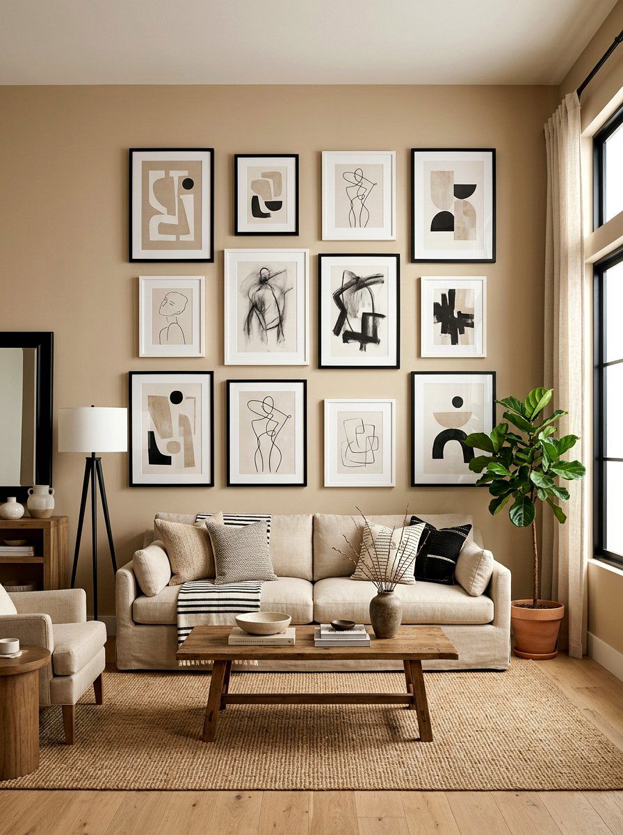Abstract Gallery Wall - 30 toasted beige living room ideas